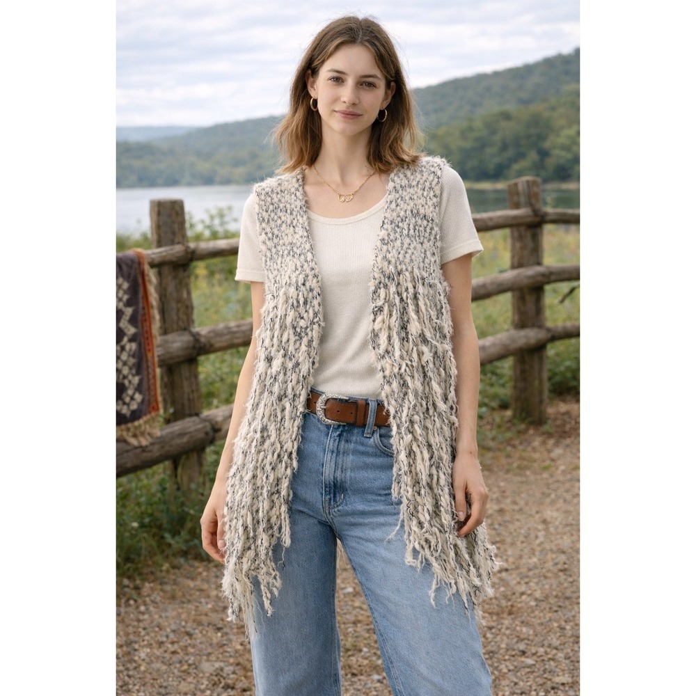 Umgee USA M/L Shaggy Knit Fringe Vest Cream Black Marled Boho Longline Layer